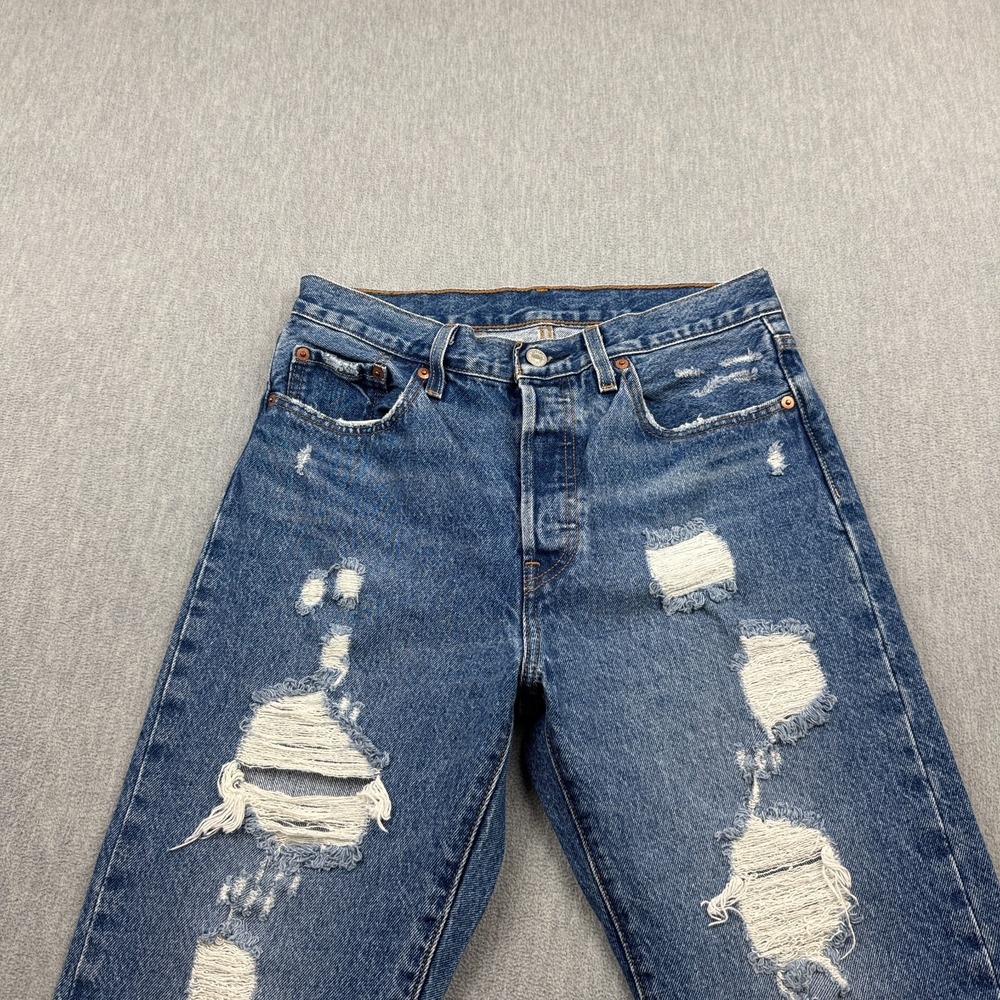 Levis 501 Jeans Womens 28X26 Blue Button Fly Straight Leg Classic Fit Distress - Picture 2 of 15